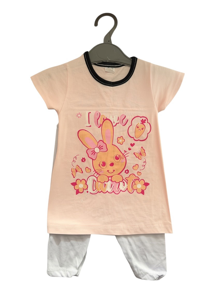 Детски комплект за момиче с къс ръкав и дълго клинче - Зайче, Бяло клинче