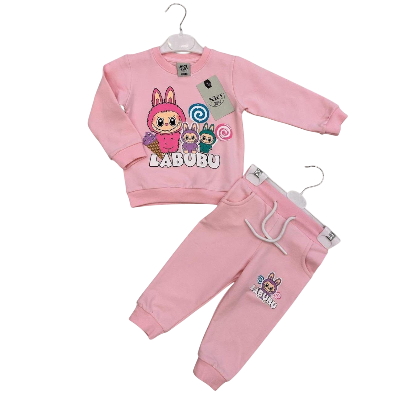 Детски комплект за момиче с дълъг ръкав, розов цвят