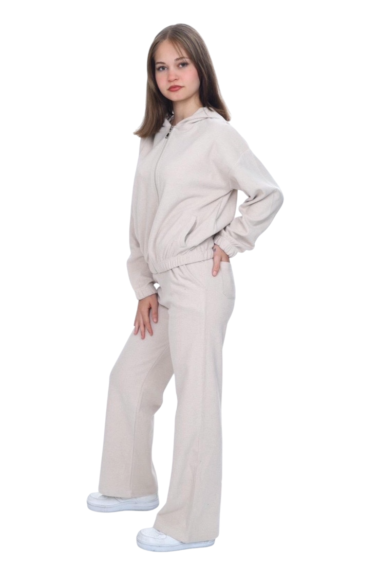 Детски спортен екип за момиче с дълъг ръкав, цвят бежово