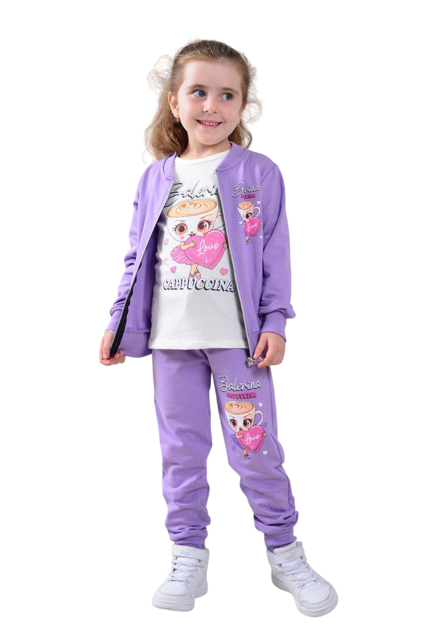 Детски комплект за момиче с дълъг ръкав 3 части лека вата, лилав цвят